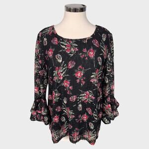C est 1946 Medium Blouse 3/4 Bell Sleeve Black Pink Floral Blouse Polyester